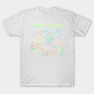 under the sea,blue sea,sea creatures,Turtle, puffer fish, starfish, shrimp, shark, tropical fish, sea horse, seaweed, sardines, squid, crabs, clams T-Shirt